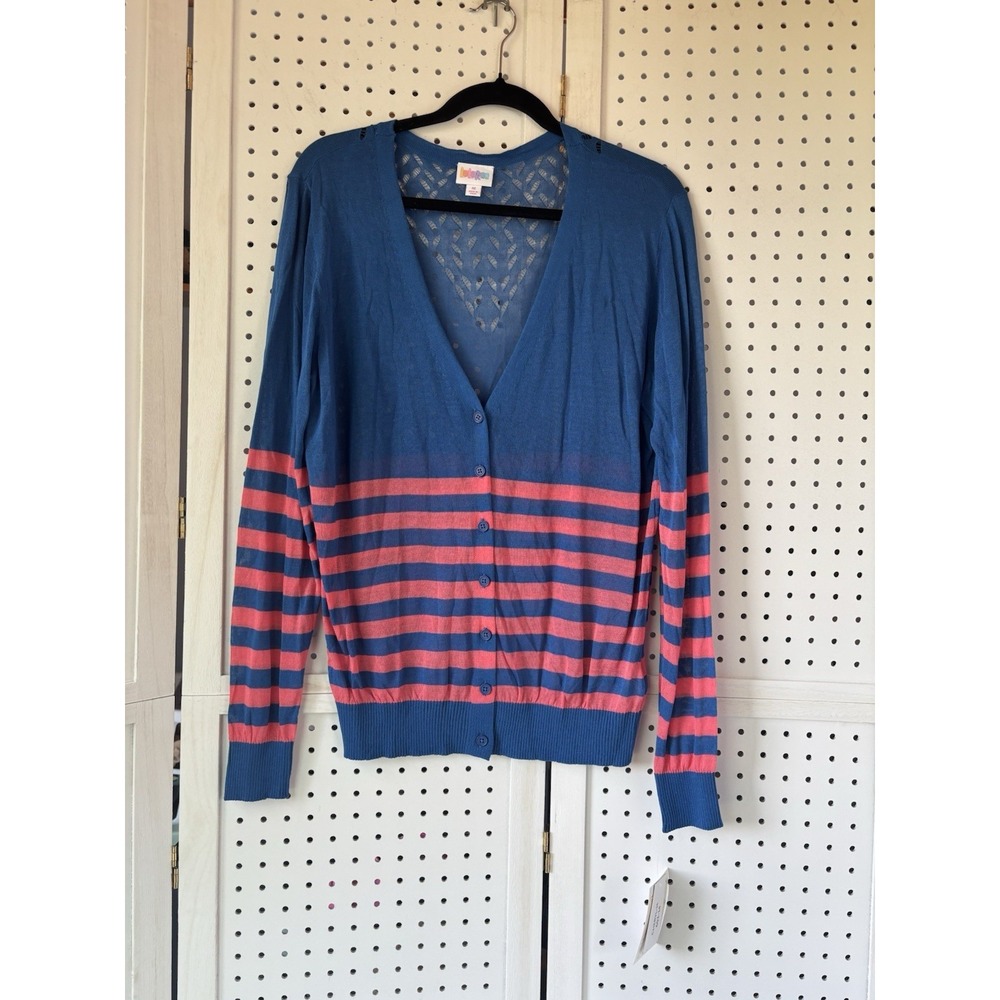 NWT LuLaRoe Medium Cheryl Lightweight‎ Button Cardigan Sweater Blue Coral Stripe